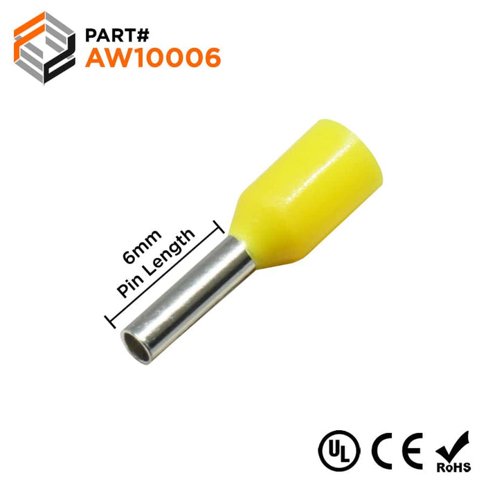 AW10006 - 18AWG (6mm Pin) Insulated Ferrules - Yellow - Ferrules Direct