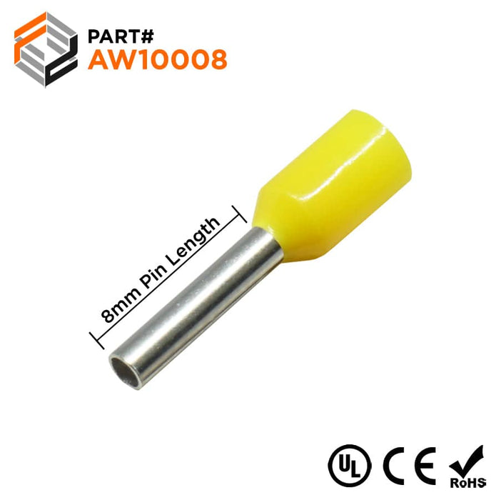 AW10008 - 18AWG (8mm Pin) Insulated Ferrules - Yellow - Ferrules Direct