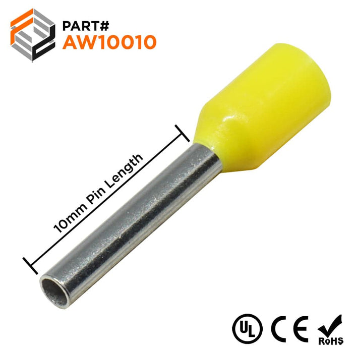 AW10010 - 18AWG (10mm Pin) Insulated Ferrules - Yellow - Ferrules Direct