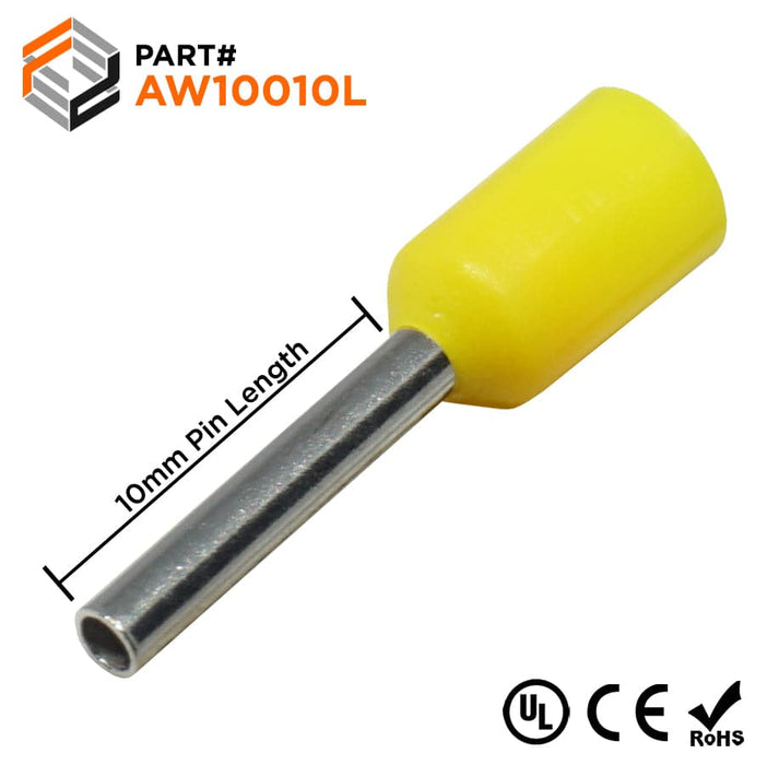 AW10010L - 18AWG (10mm Pin) Insulated Ferrules - Yellow - Large Cap - Ferrules Direct
