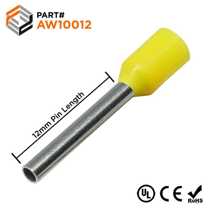 AW10012 - 18AWG (12mm Pin) Insulated Ferrules - Yellow - Ferrules Direct