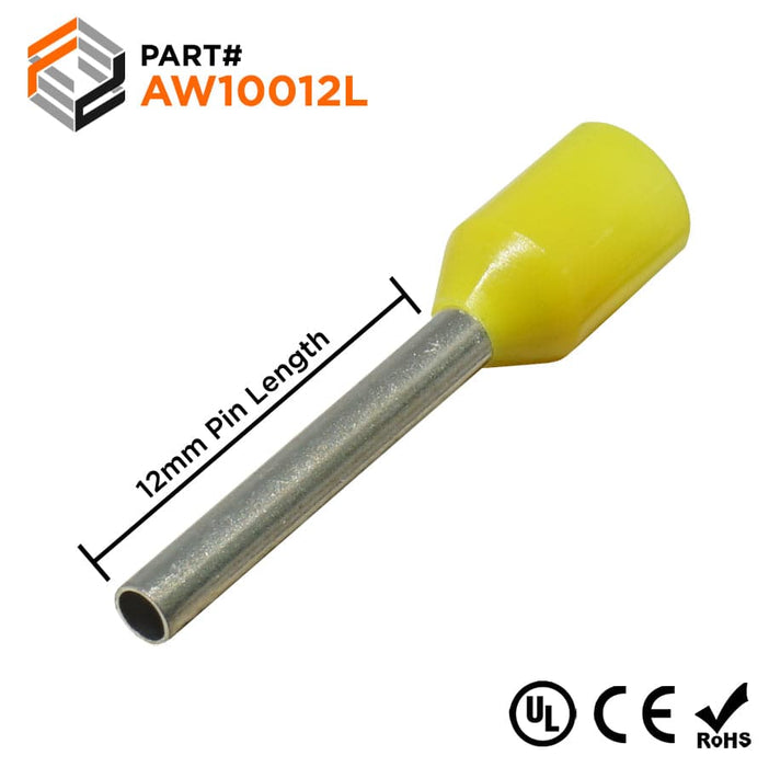 AW10012L - 18AWG (12mm Pin) Insulated Ferrules - Yellow - Large Cap - Ferrules Direct