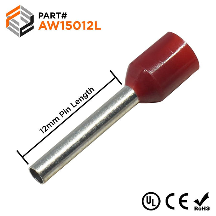 AW15012L - 16AWG (12mm Pin) Insulated Ferrules - Red - Large Cap - Ferrules Direct