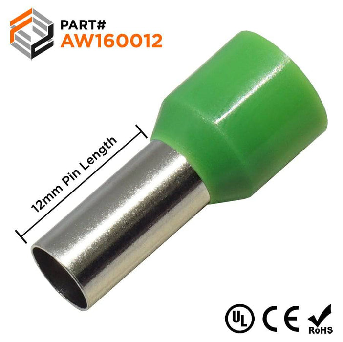 AW160012 - 6 AWG (12mm Pin) Insulated Ferrules - Green - Ferrules Direct