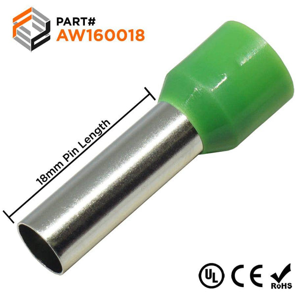 AW160018 - 6 AWG Insulated Wire Ferrules, 18mm Pin, Green, UL Recognized,  100 Pieces