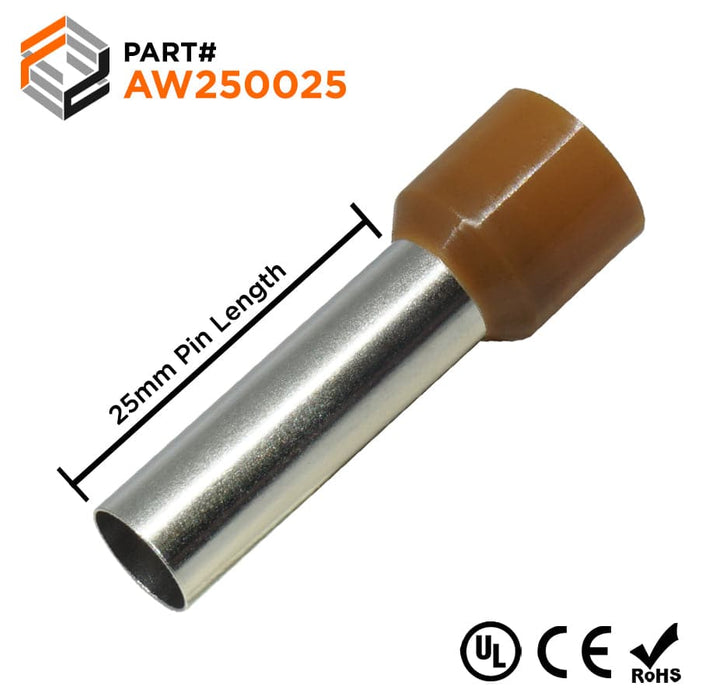 AW250025 - 4 AWG (25mm Pin) Insulated Ferrules - Brown - Ferrules Direct