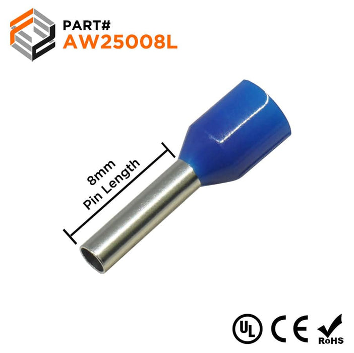AW25008L - 14AWG (8mm Pin) Insulated Ferrules - Blue - Large Cap - Ferrules Direct