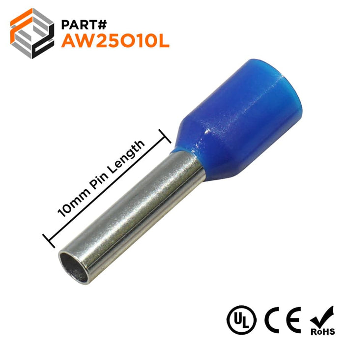 AW25010L -14AWG (10mm Pin) Insulated Ferrules - Blue - Large Cap - Ferrules Direct