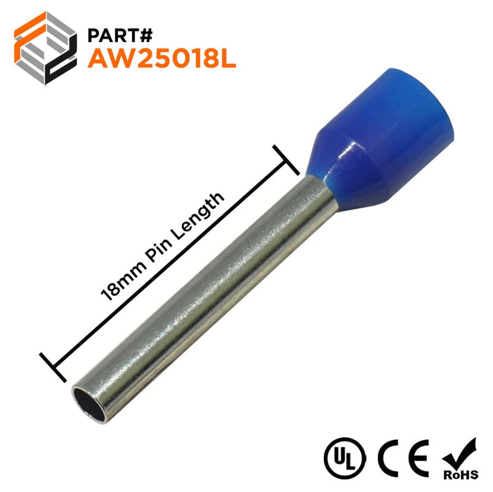 AW25018L - 14AWG (18mm Pin) Insulated Ferrules - Blue - Large Cap - Ferrules Direct