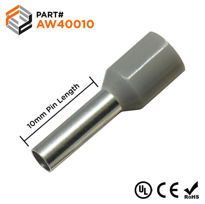 AW40010 - 12 AWG (10mm Pin) Insulated Ferrules - Gray - Ferrules Direct