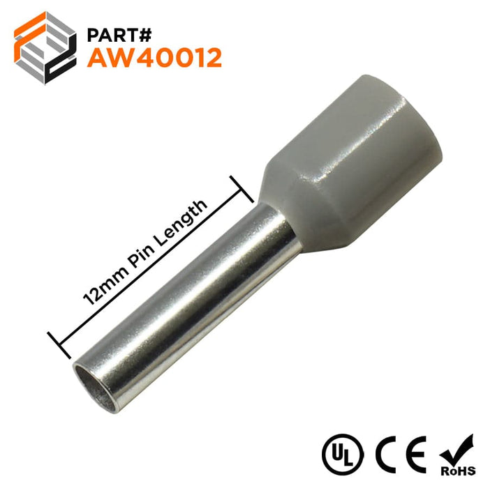 AW40012 - 12 AWG (12mm Pin) Insulated Ferrules - Gray - Ferrules Direct