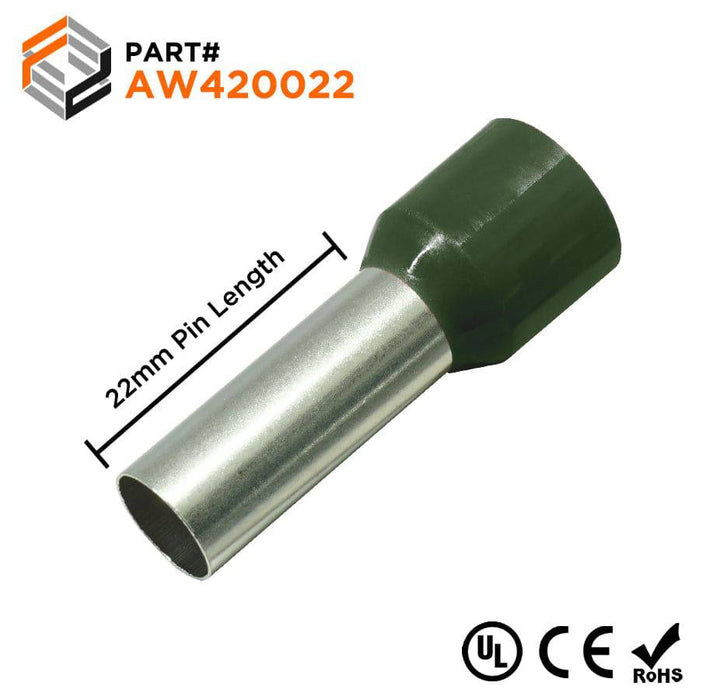 AW420022 - True 1 AWG (22mm Pin) Insulated Ferrules - Olive Green - Ferrules Direct