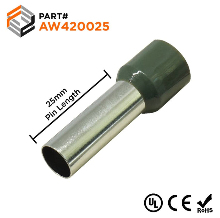AW420025 - True 1 AWG (25mm Pin) Insulated Ferrules - Olive Green - Ferrules Direct