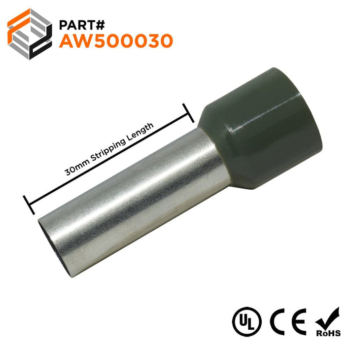 AW500030 - 1 AWG (30mm Pin) Insulated Ferrules - Olive Green - Ferrules Direct
