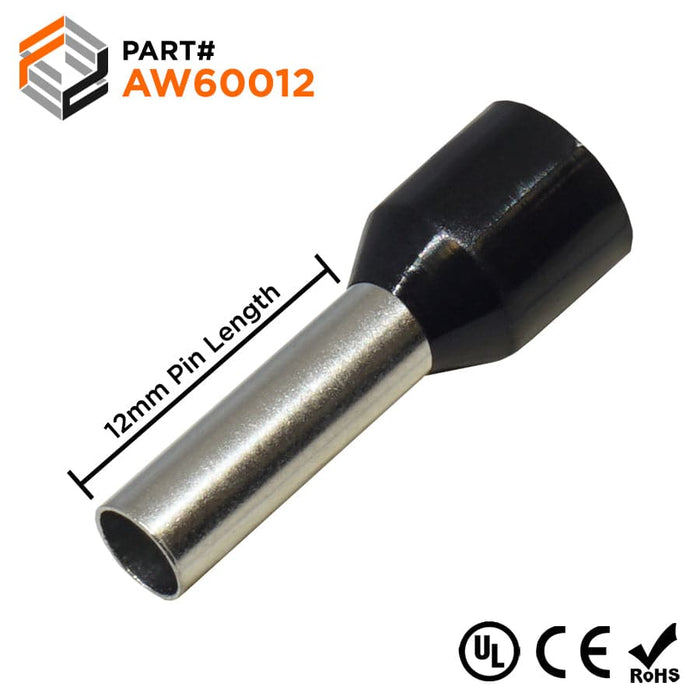 AW60012 - 10 AWG (12mm Pin) Insulated Ferrules - Black - Ferrules Direct