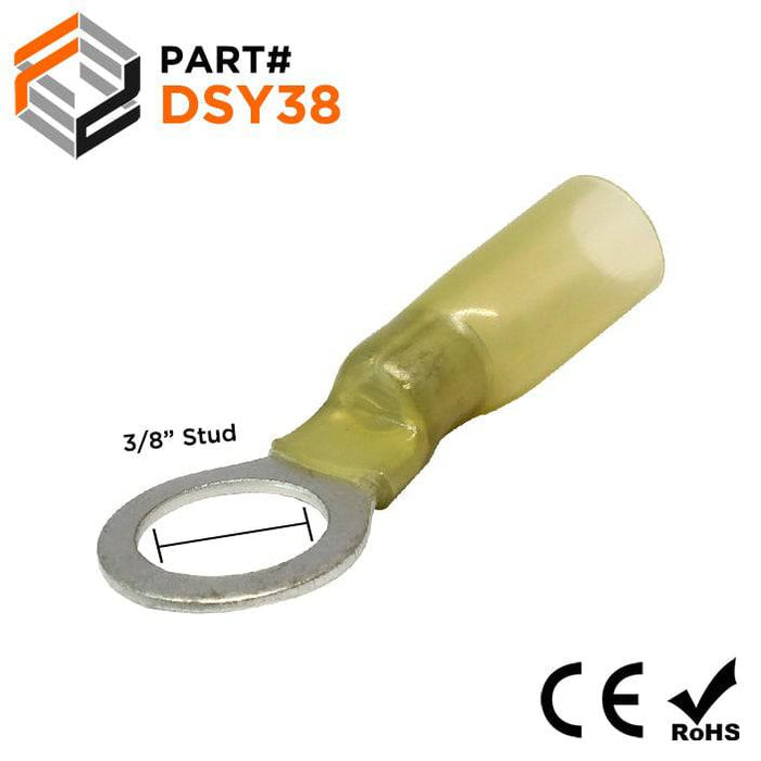 DSY38 - Polyethylene Heat Shrink Ring Term - 12-10 AWG - 3/8" Stud Yellow - Ferrules Direct