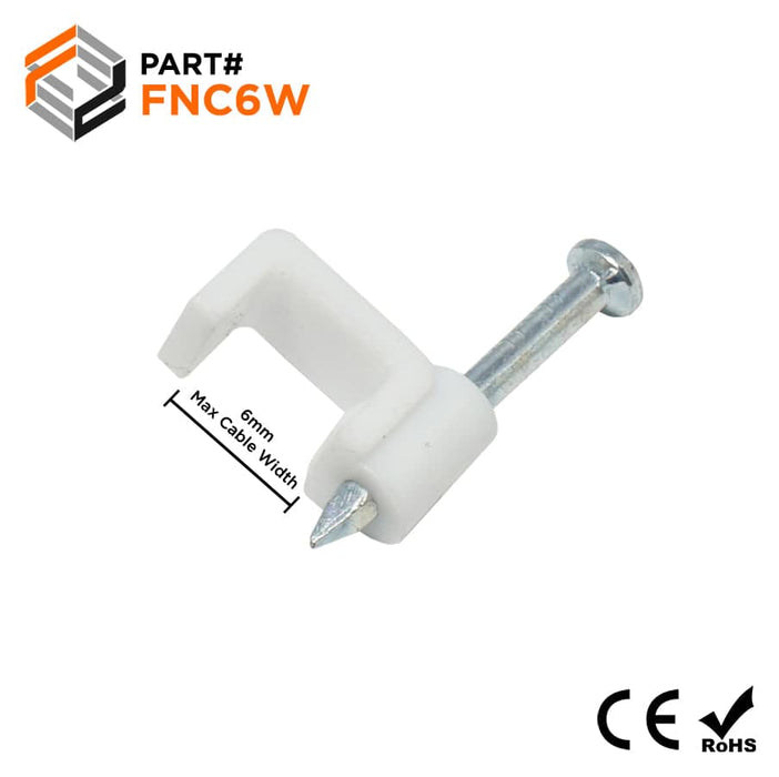 FNC6W - Flat Nail Cable Clip - White - 6mm - Ferrules Direct