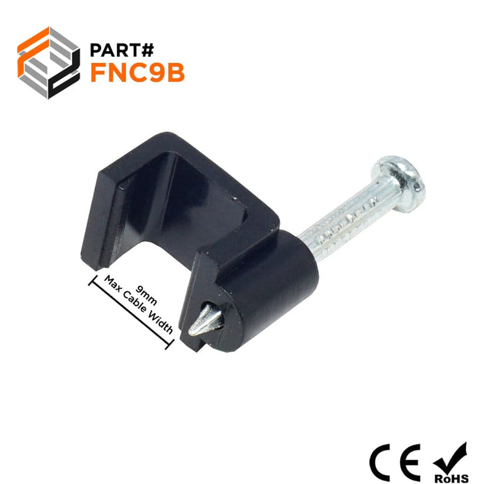 FNC9B - Flat Nail Cable Clip - Black - 9mm - Ferrules Direct