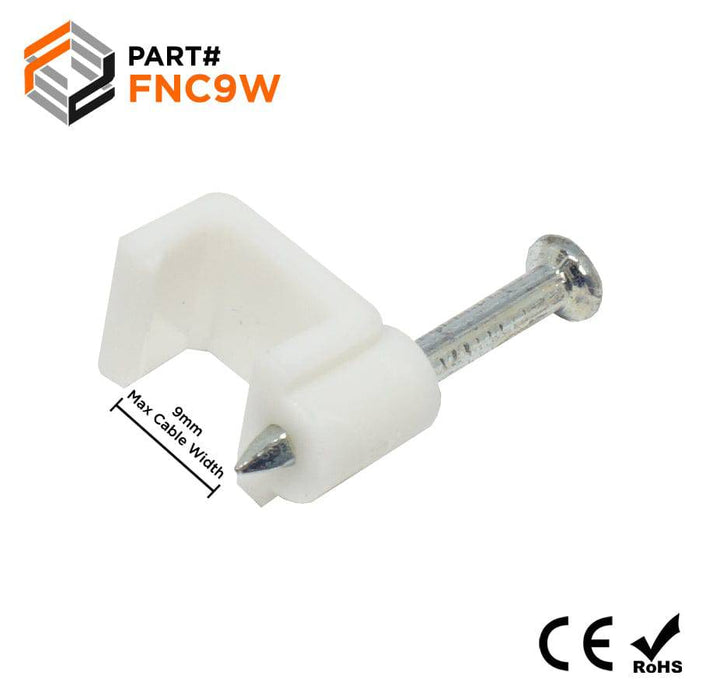 FNC9W - Flat Nail Cable Clip - White - 9mm - Ferrules Direct