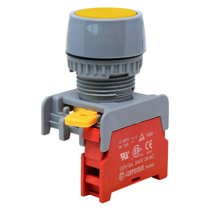 GBF22-1/C-YL - 1/C - 22mm Flat Head Push Button Switch - Yellow - Ferrules Direct