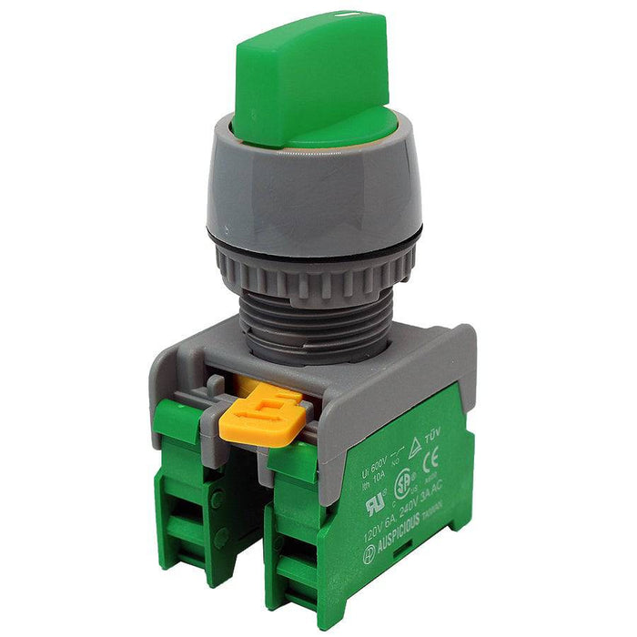 GCS22-2/O-GN - Twist Knob Switch - 2 Contact (2/O) - 3 Positions (1-0-2) - Green - Ferrules Direct