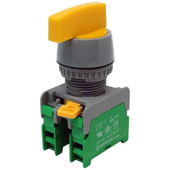 GLCS22-2/O-YL - Long Knob Switch - 2 Contact (2/O) - 3 Positions (1-0-2) - Yellow - Ferrules Direct