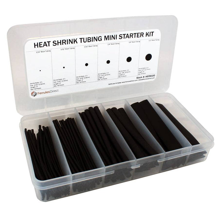 HSTB100 - 2:1 Ratio Heat Shrink Tubing Mini Kit (Black) -  1/16" to  1/2" - Ferrules Direct
