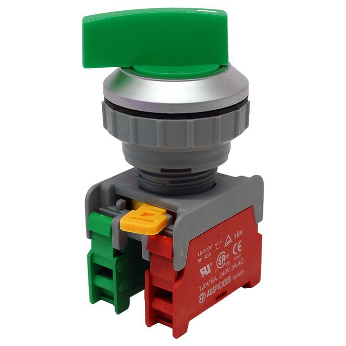 LSS30-1O/C-GN - Long Knob Switch - 2 Contact (1/OC) - 2 Positions (1-2) - Green - Ferrules Direct