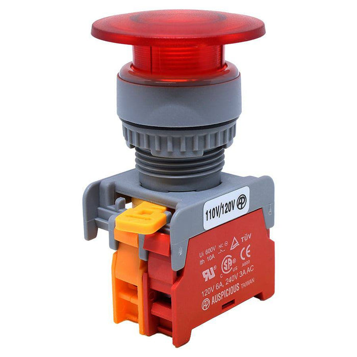 LXE22-1/C-RD - 22mm Illuminated Mushroom Head Push Button - 110V - Red - Ferrules Direct