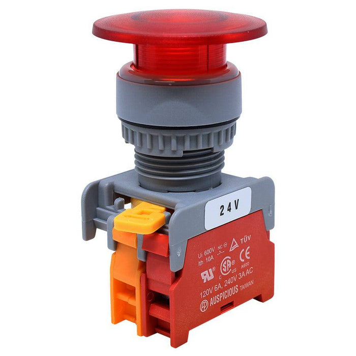 LXE22-7/C-RD - 22mm Illuminated Mushroom Head Push Button - 24V - Red - Ferrules Direct