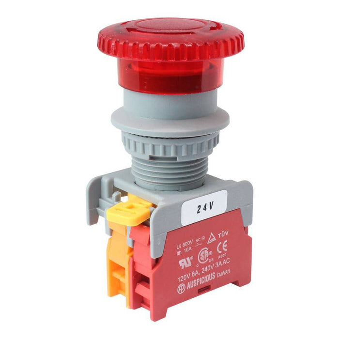 MBL22-1/C-24-RD - 22mm Emergency Latching Stop Switch  - 24V - Red - Ferrules Direct