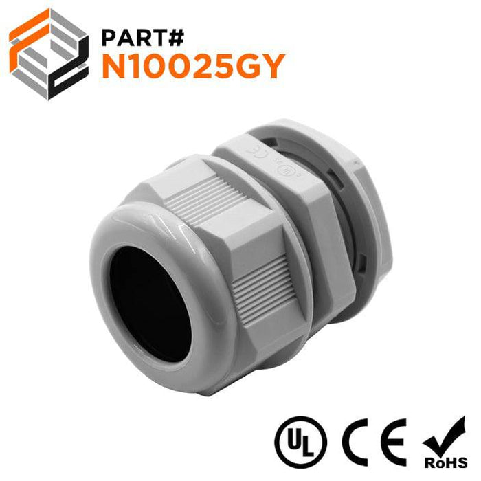 1" NPT Thread Nylon Cable Gland, Gray, IP68, 18-25mm Range, UL Recognized - N10025GY - Ferrules Direct