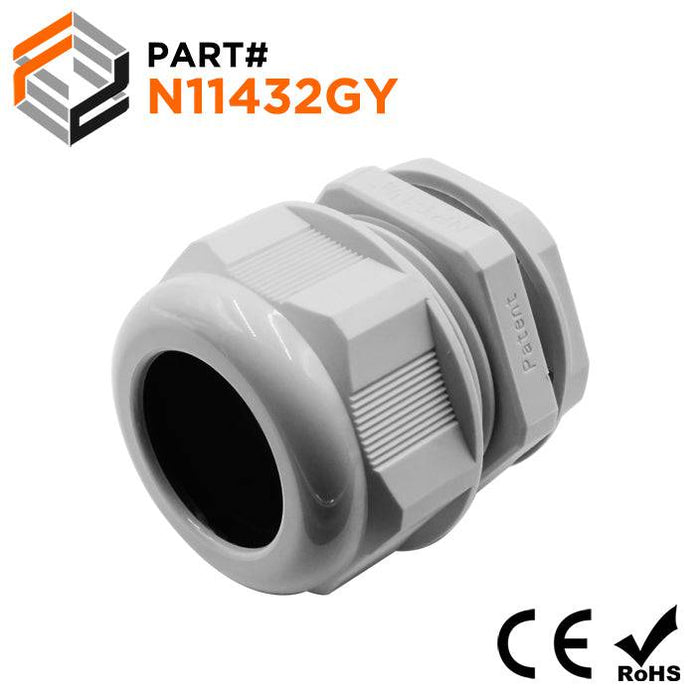 1-1/4" NPT Thread Nylon Cable Gland, Gray, IP68, 22-32mm Range - N11432GY - Ferrules Direct