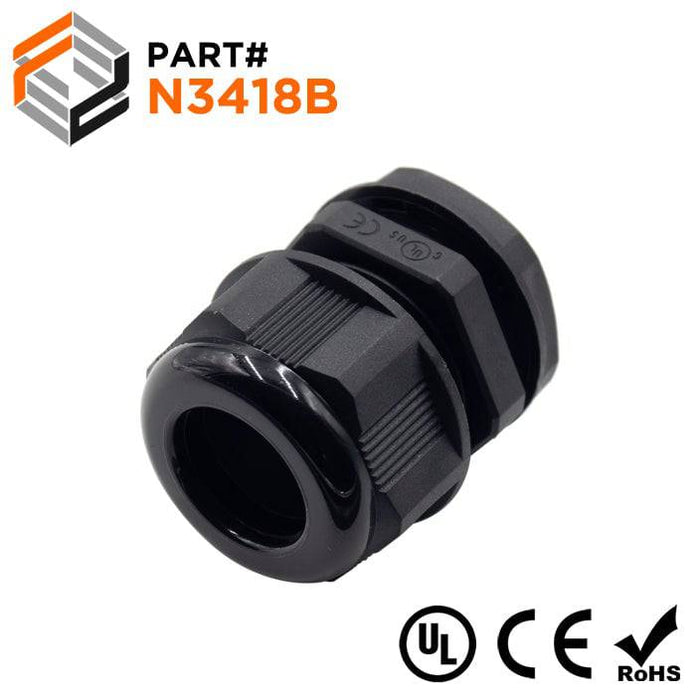 3/4" NPT Thread Nylon Cable Gland, Black, IP68, 13-18mm Range, UL Recognized - N3418B