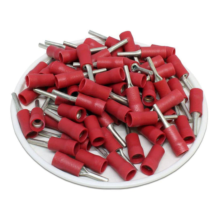 PTD1-10 - Vinyl Insulated Pin Terminals - Double Crimp - 22-16 AWG - Red - Ferrules Direct