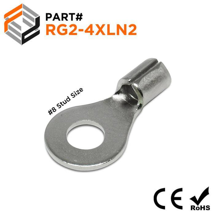 RG2-4XLN2 - Stainless Steel Ring Terminals - 16-14 AWG - #8 Stud - Ferrules Direct