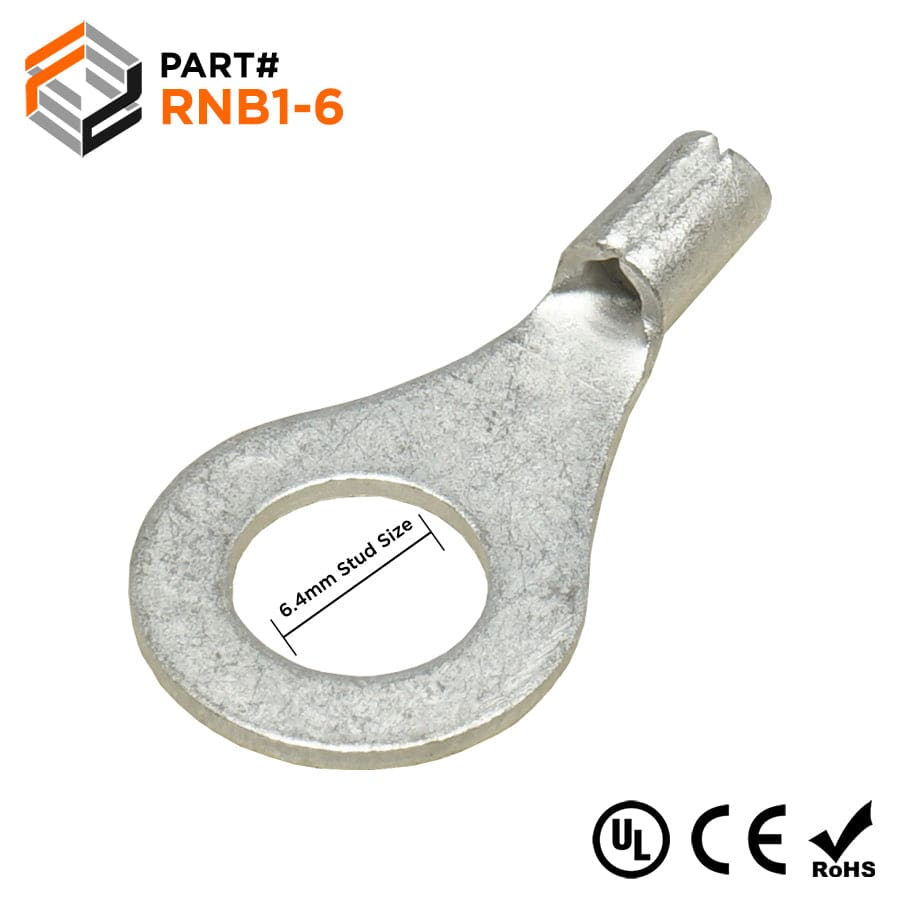 RNB1-6 - 22 to 16 AWG Non Insulated Ring Terminals, 1/4