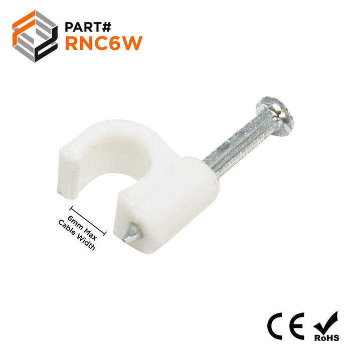 RNC6W - Round Nail Cable Clip - White - 6mm - Ferrules Direct