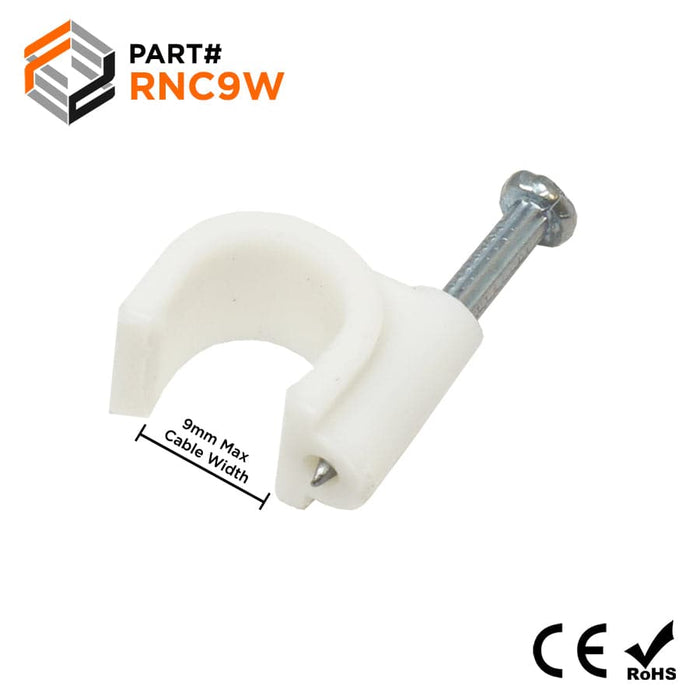 RNC9W - Round Nail Cable Clip - White - 9mm - Ferrules Direct