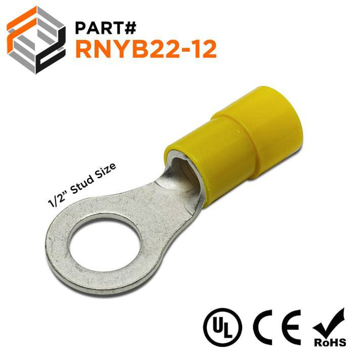RNYB22-12 - Nylon Insulated Ring Terminals - 4 AWG - 1/2" Stud - Ferrules Direct
