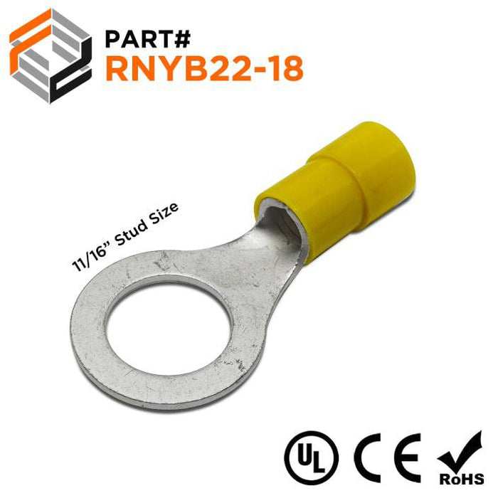 RNYB22-18 - Nylon Insulated Ring Terminals - 4 AWG - 11/16" Stud - Ferrules Direct
