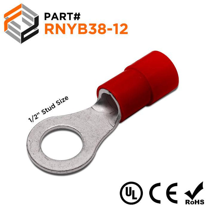 RNYB38-12 - Nylon Insulated Ring Terminals - 2 AWG - 1/2" Stud - Ferrules Direct