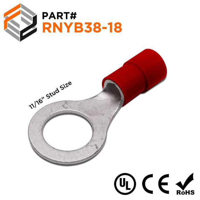 RNYB38-18 - Nylon Insulated Ring Terminals - 2 AWG - 11/16" Stud - Ferrules Direct