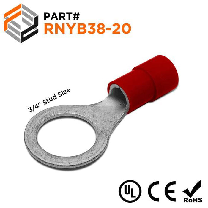 RNYB38-20 - Nylon Insulated Ring Terminals - 2 AWG - 3/4" Stud - Ferrules Direct