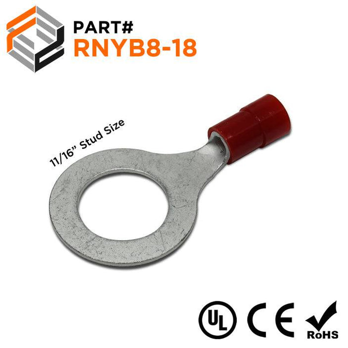 RNYB8-18 - Nylon Insulated Ring Terminals - 8 AWG - 11/16" Stud - Ferrules Direct