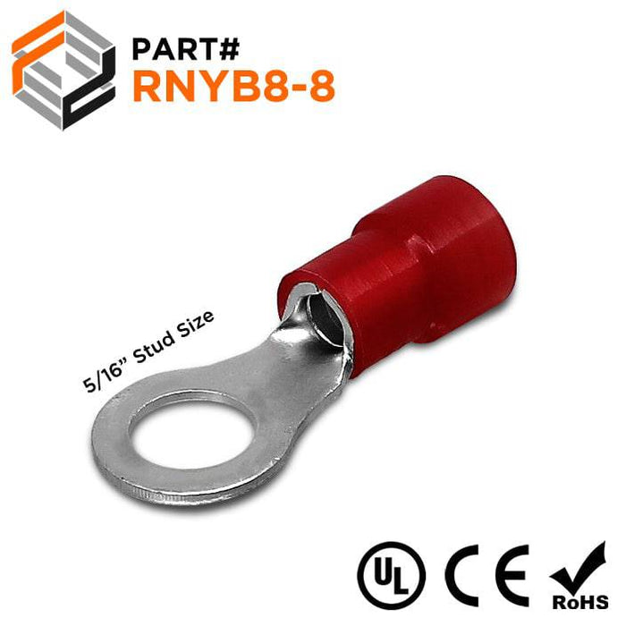 RNYB8-8 - Nylon Insulated Ring Terminals - 8 AWG - 5/16" Stud - Ferrules Direct