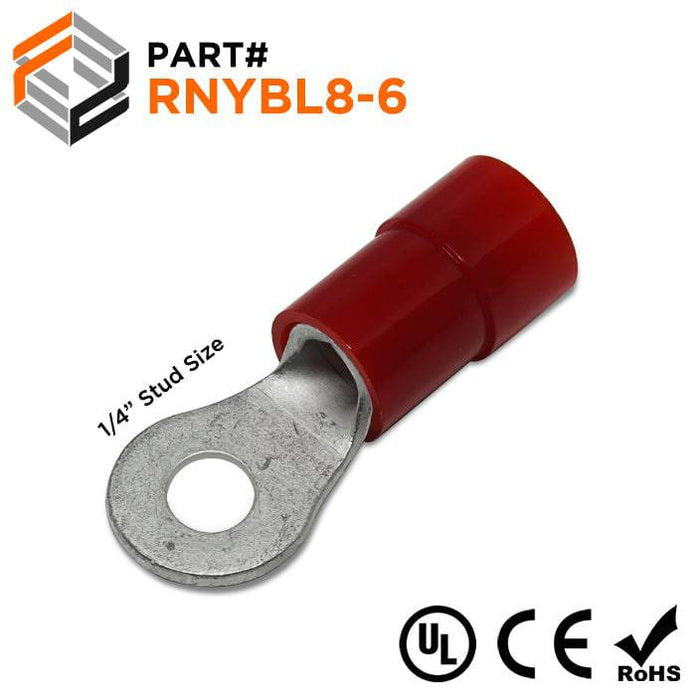 RNYBL8-6 - Nylon Ring Terminal - Standard Crimp 8 AWG - Stud 1/4" - Ferrules Direct
