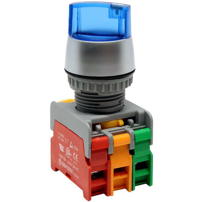 SL22-1O/C-24-BL - Illuminated Twist Knob Switch - 2 Contact (1O/C) - 2 Positions (1-2) - Blue - Ferrules Direct