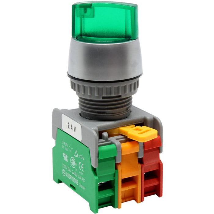 SL22-1O/C-24-GN - Illuminated Twist Knob Switch - 2 Contact (1O/C) - 2 Positions (1-2) - 24V - Green - Ferrules Direct