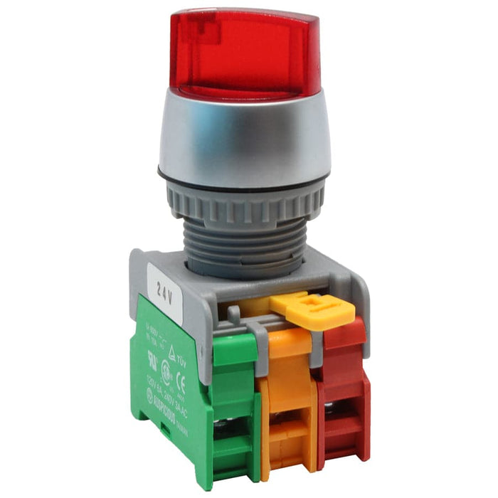 SL22-1O/C-24-RD - Illuminated Twist Knob Switch - 2 Contact (1O/C) - 2 Positions (1-2) - 24V Red - Ferrules Direct